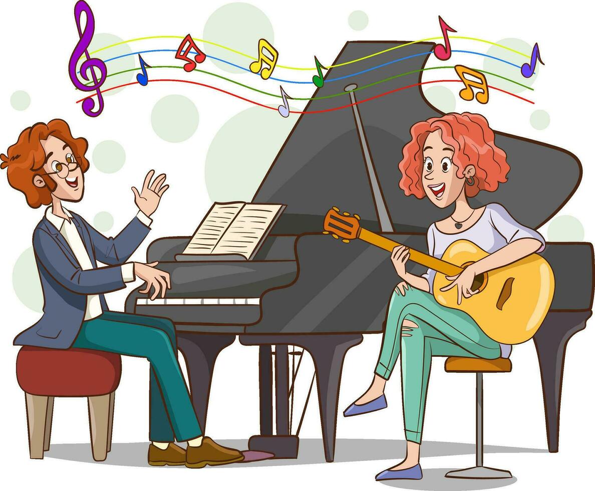 vector illustration of man playing piano and woman playing guitar