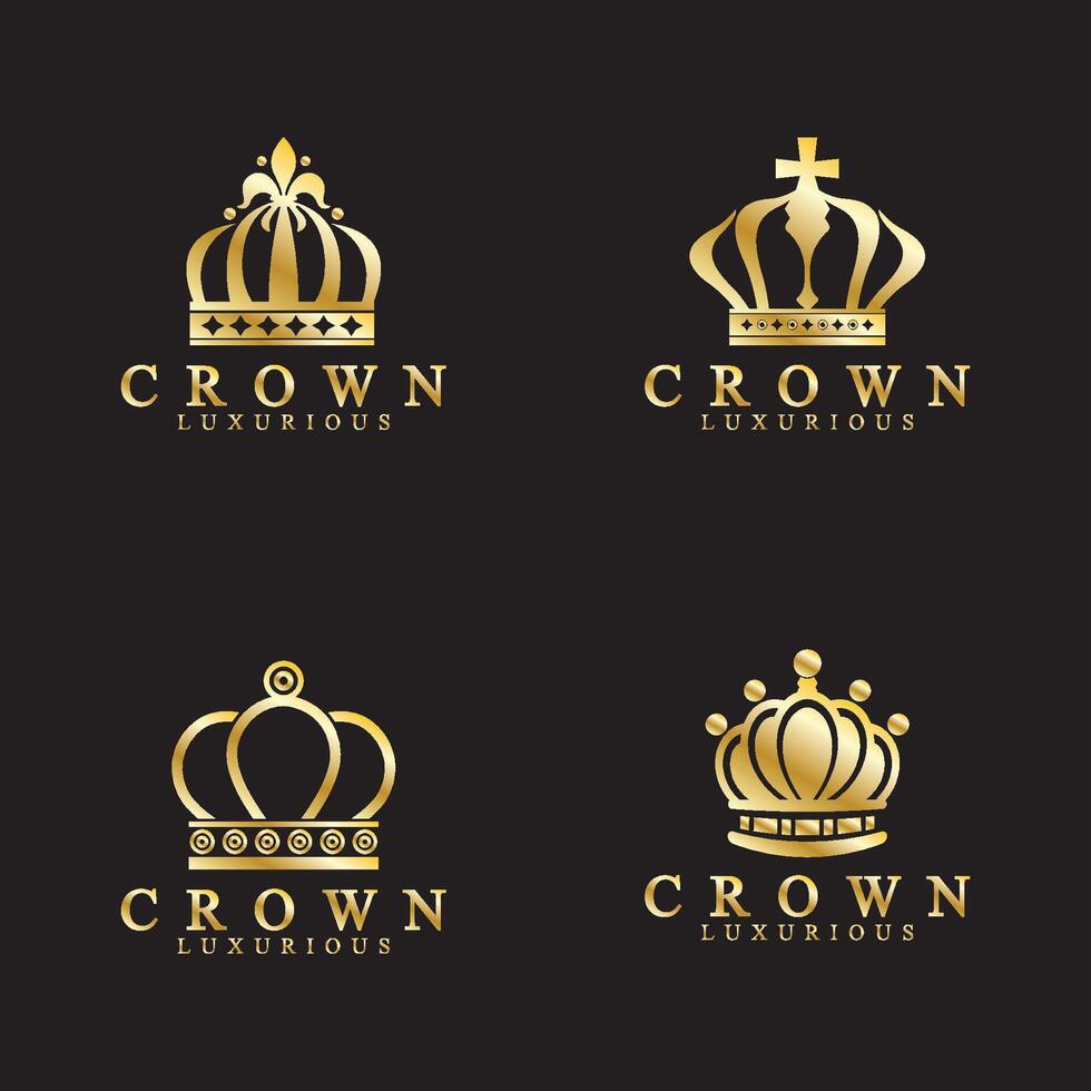 Gold crown icons. Queen king golden crowns luxury Logo Design Vector on black background