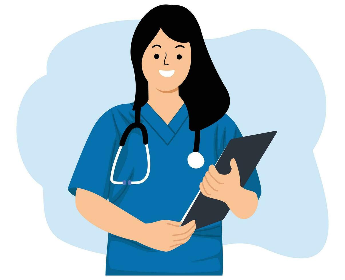 healthcare workers smiling young woman nurse wearing blue uniform with a stethoscope holding clipboard vector