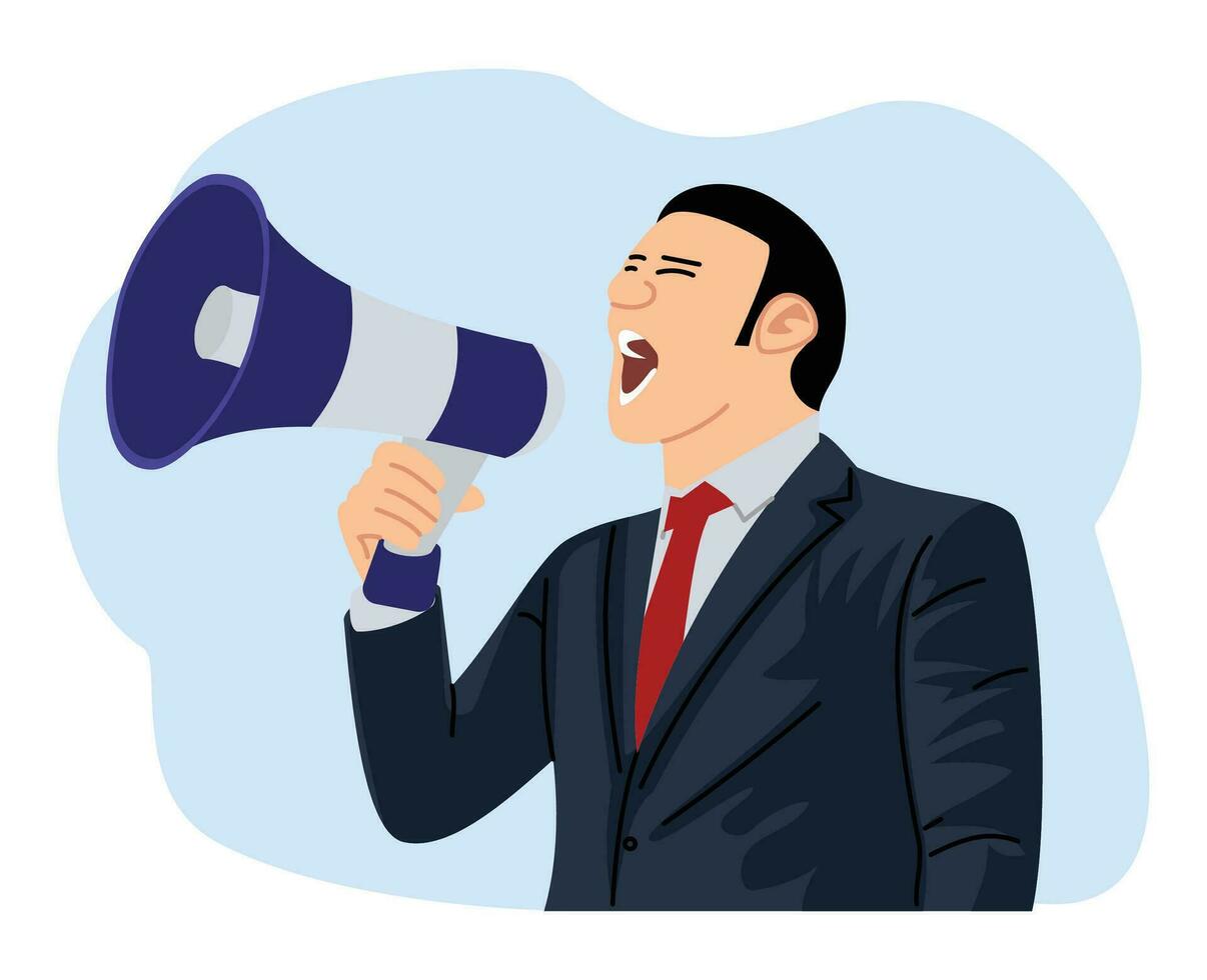 businessman shouting through a megaphone outside of office vector