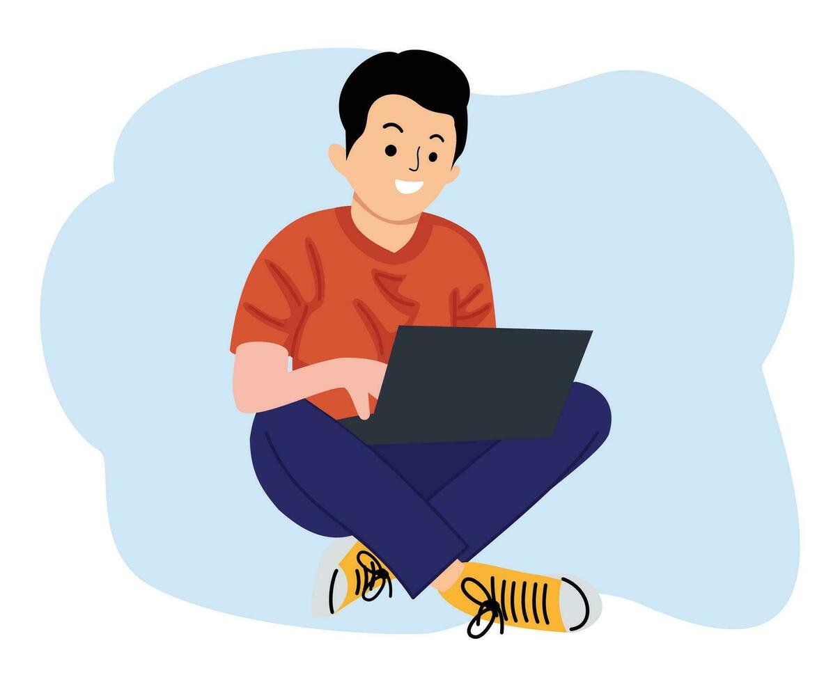 smiling cheerful smart young man wearing casual clothes using laptop sitting on floor in lotus pose vector