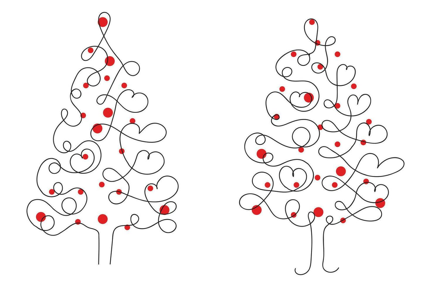 mano dibujado Delgado continuo línea Navidad árbol con corazones símbolo vector, uno línea pino abeto árbol romántico relación amor firmar, minimalista contorno soltero línea Arte fiesta tarjetas decoraciones vector