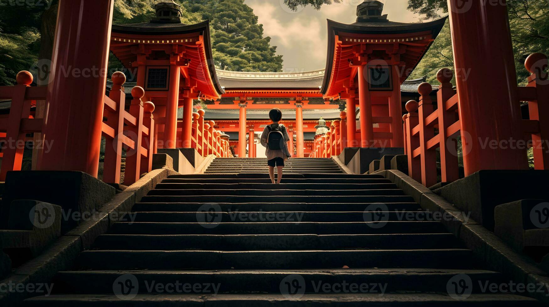 Young man walking up the stairs to the red torii gate in Kyoto, Japan photo