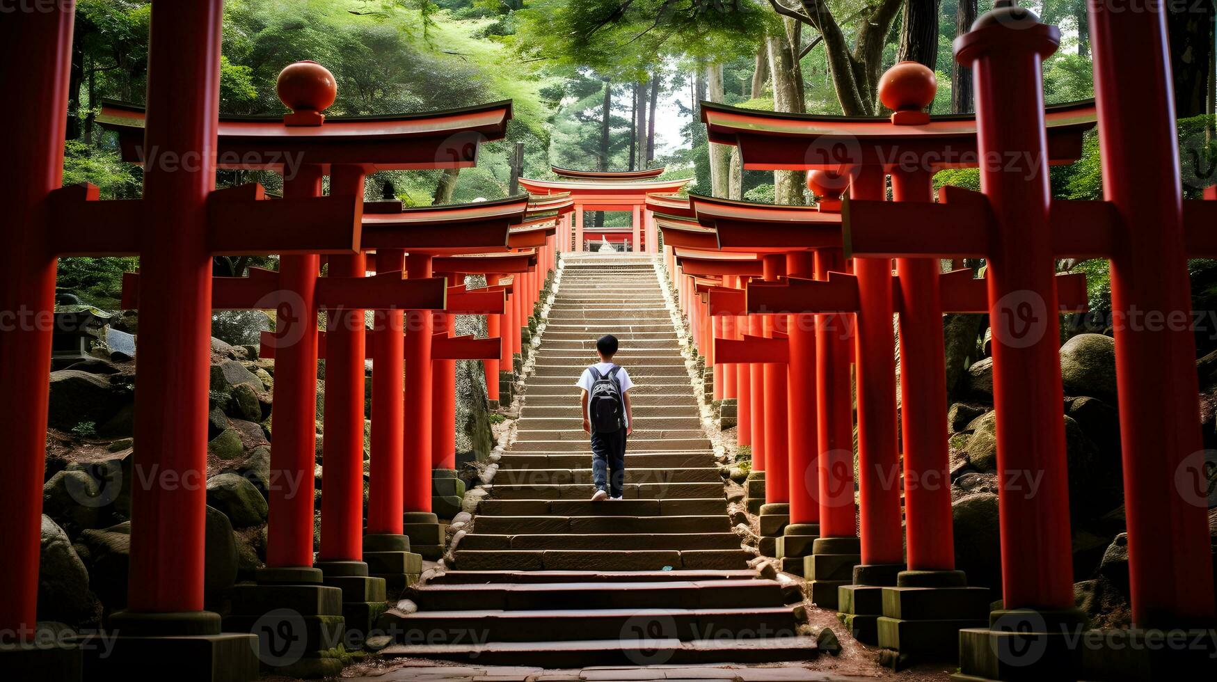 un chico caminando arriba a el rojo torii puertas de fushimi inari taisha santuario en kioto, Japón foto