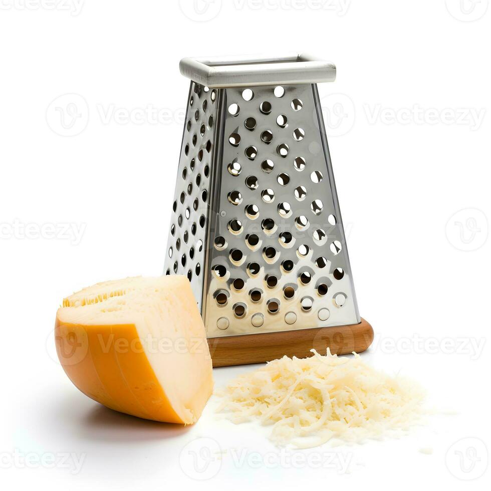 Cheese grater and grated cheese isolated on white background photo