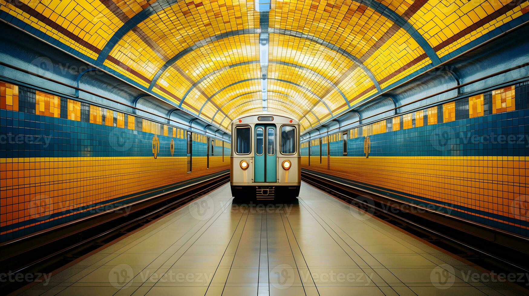 Subway station with the train under the tunnel photo