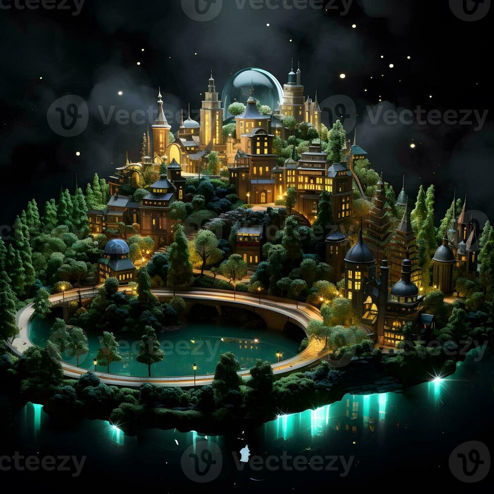 Miniature fantasy landscape with castle lake and moon photo