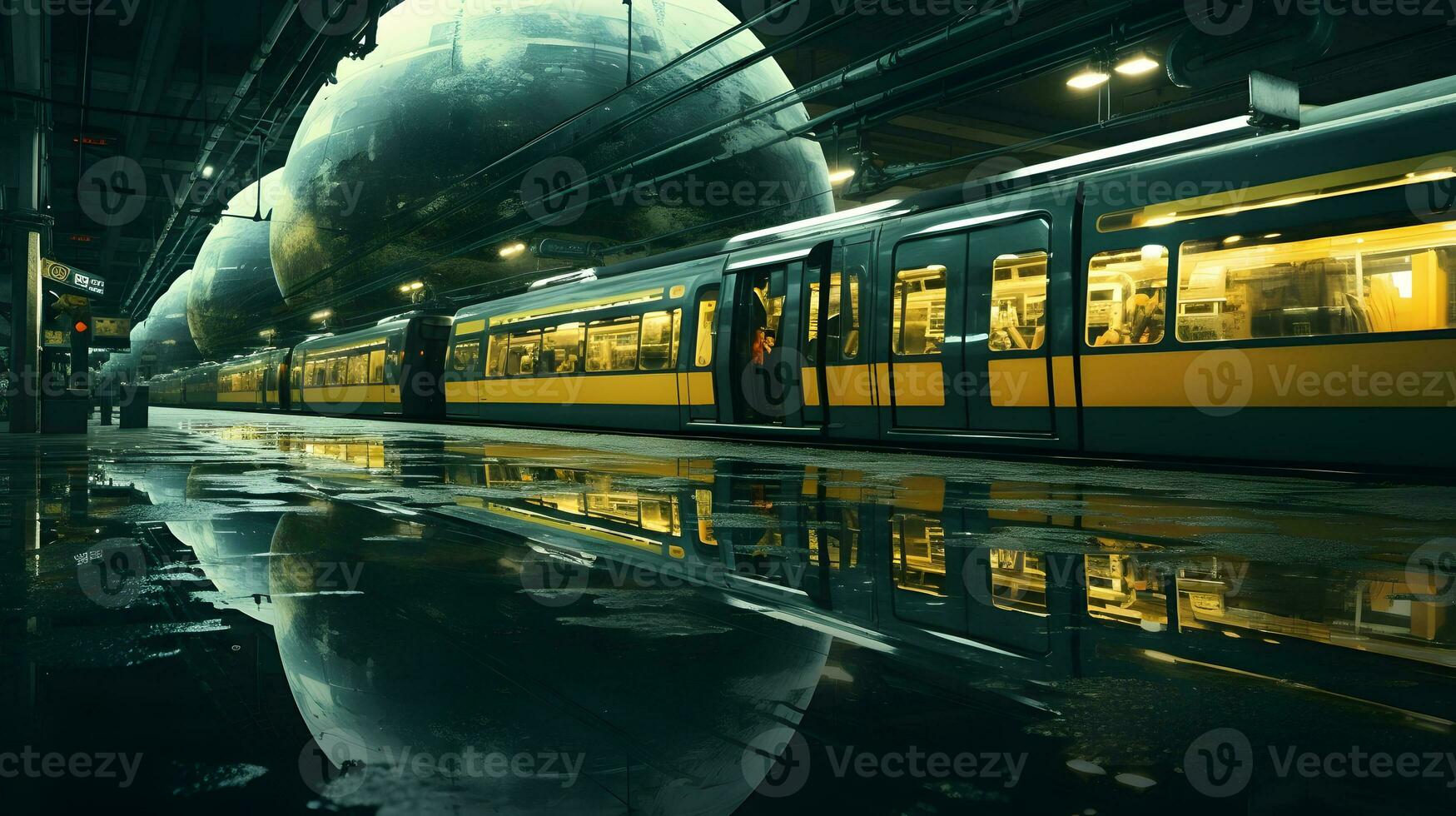 alto velocidad tren en el ciudad a noche con reflexión en el piso foto