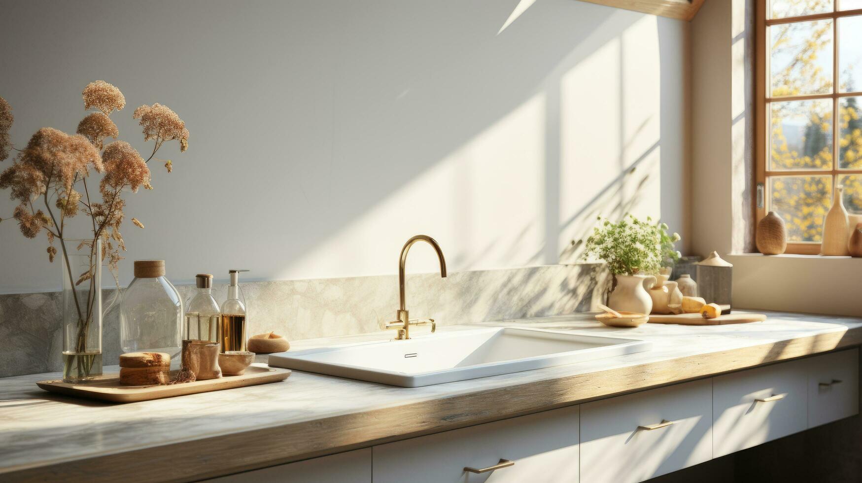 increíble lujo cocina interior en blanco con de madera piso y cocina isla ai generativo foto