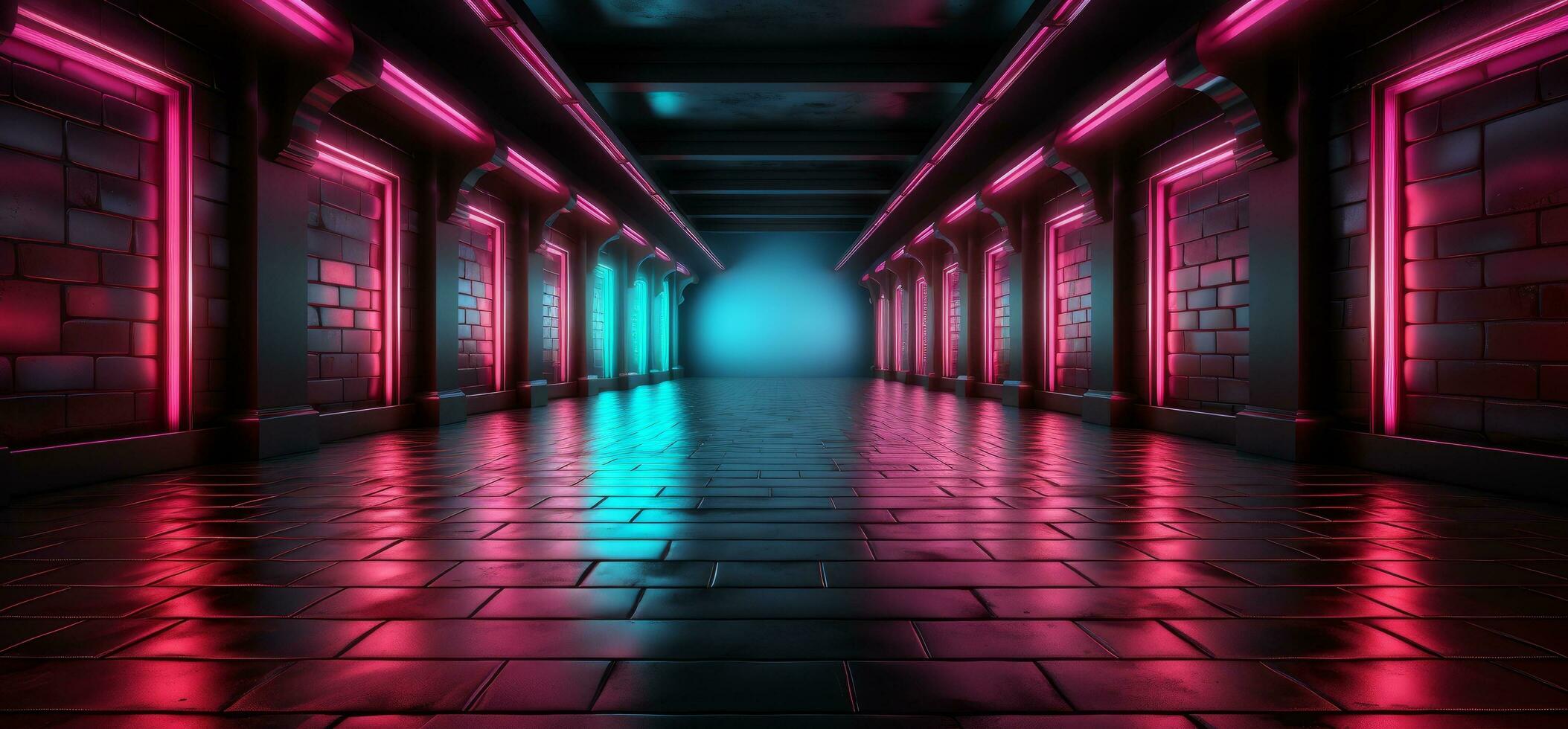 Brick wall background with neon vertical tube lights, Generative AI photo