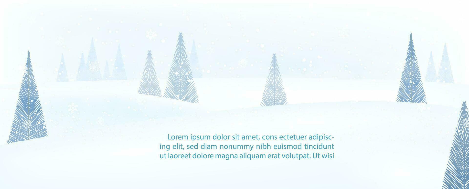 Landscape winter and snow falling with pine trees in line art style and example texts on foggy and light blue background. vector