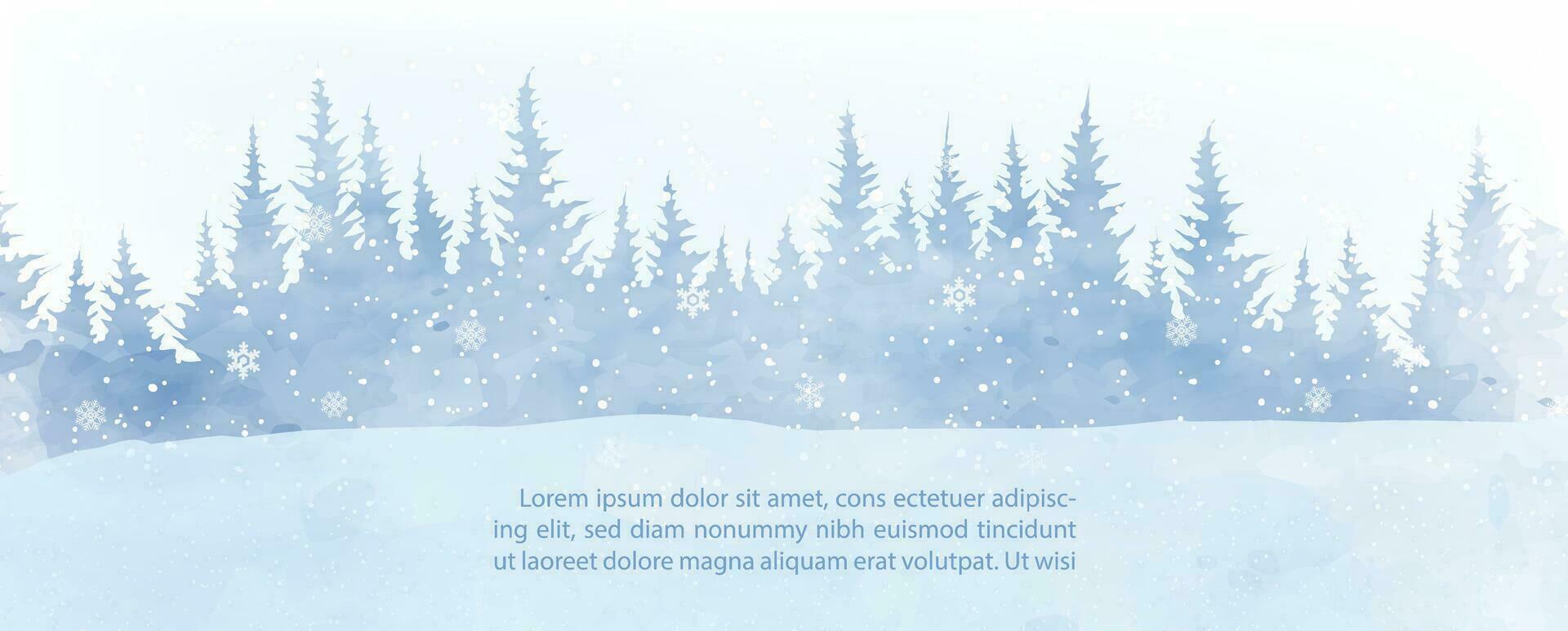 paisaje invierno y pesado nieve que cae con pino bosque y ejemplo textos en brumoso y ligero azul antecedentes. vector