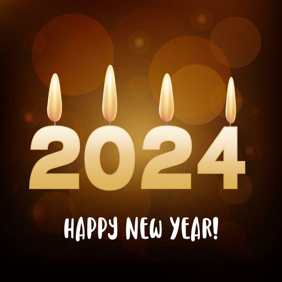 2024 New Year holiday party celebration, greeting card vector illustration. 3D realistic golden New Year text and golden candles of 2024 New Year with confetti are burning in the background.