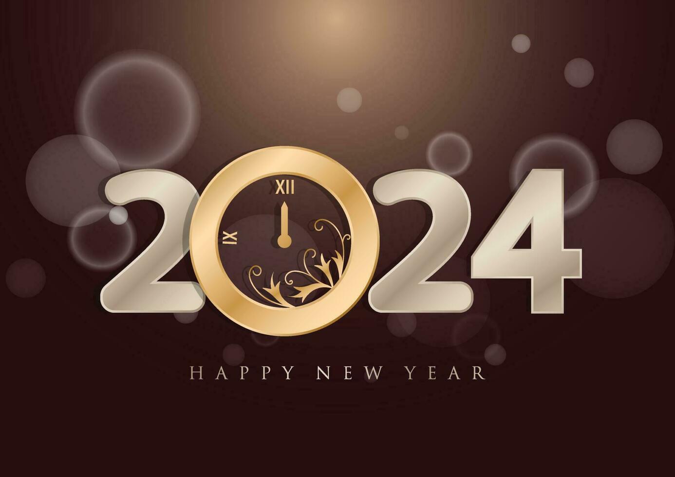 contento nuevo año 2024 dorado reloj diseño, oscuro fondo a Bienvenido contento nuevo año. creativo dorado gris antecedentes. elementos para calendario y saludo tarjeta vector