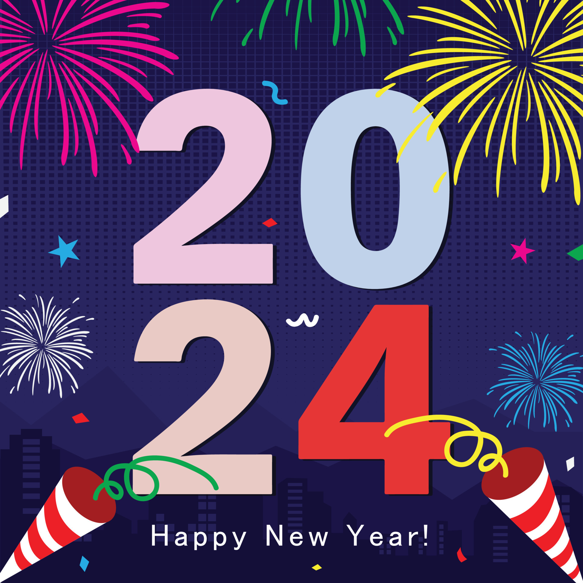 Happy New Year 2024 party Celebration background with colorful firework