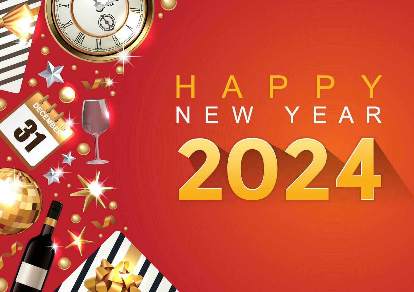 Happy New Year 2024. golden paper numbers with golden Christmas decoration and confetti on red background. Holiday greeting card design. vector