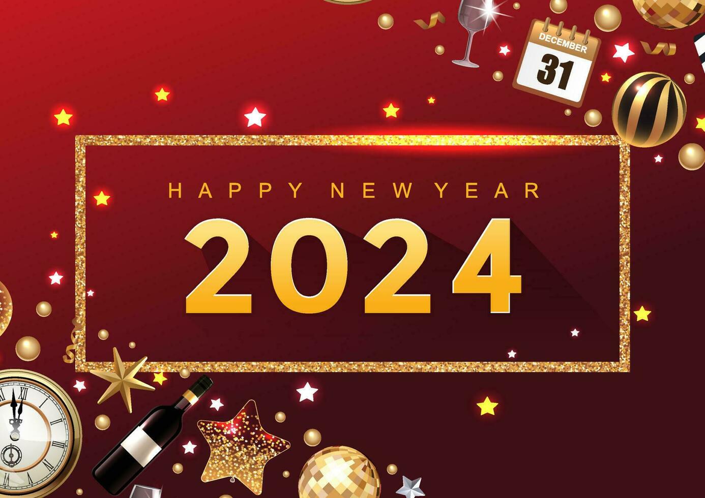 Happy New Year 2024 elegant luxury greeting card, banner, or poster design template with red Christmas ornament ball and gold confetti. Vector illustration