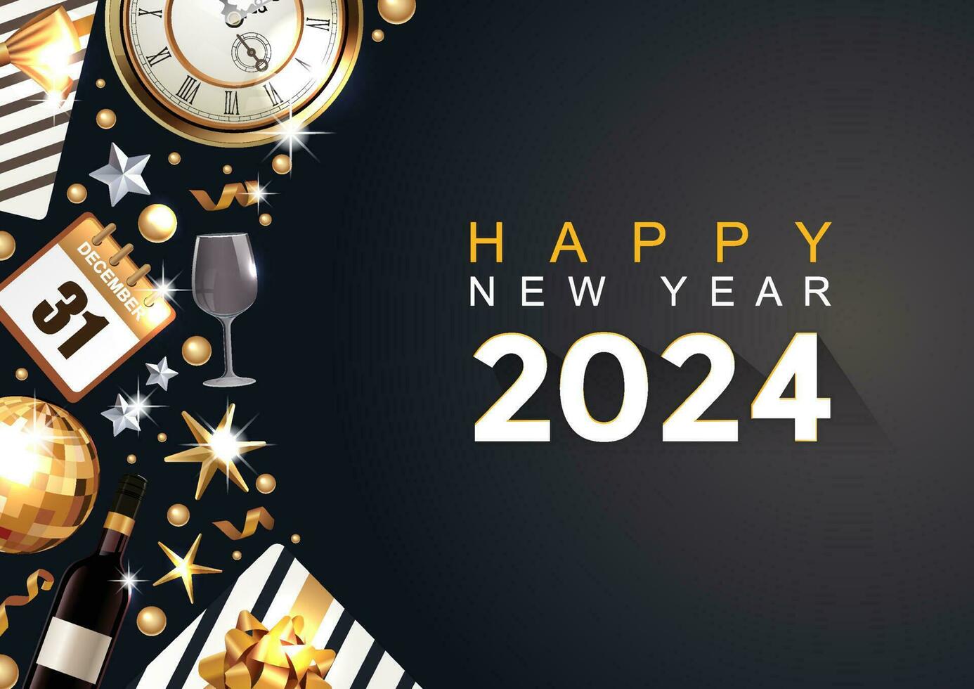 Happy New Year 2024. White paper numbers with golden Christmas decoration and confetti on dark background. Holiday greeting card design. vector