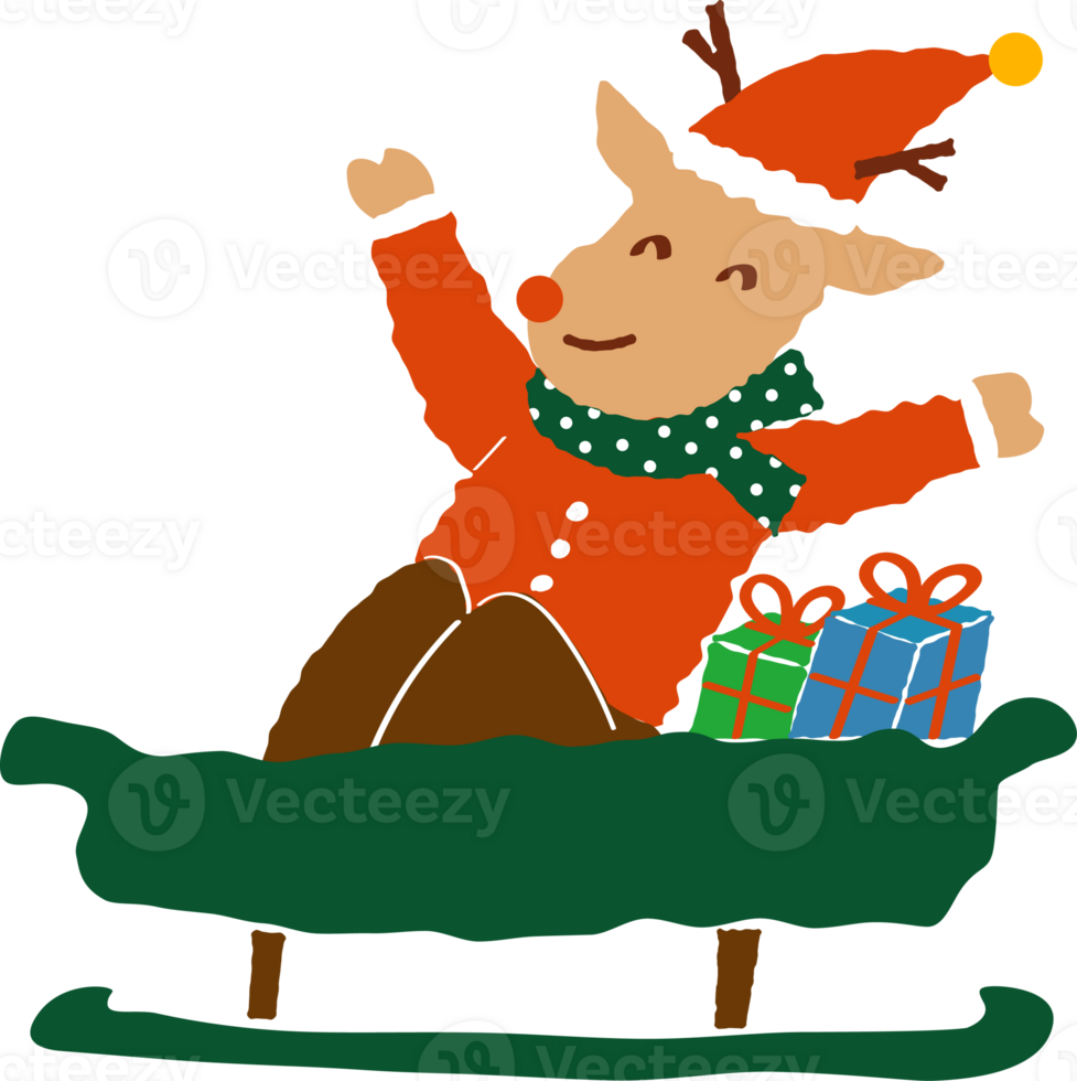 A reindeer sit in a green sled 31379536 PNG