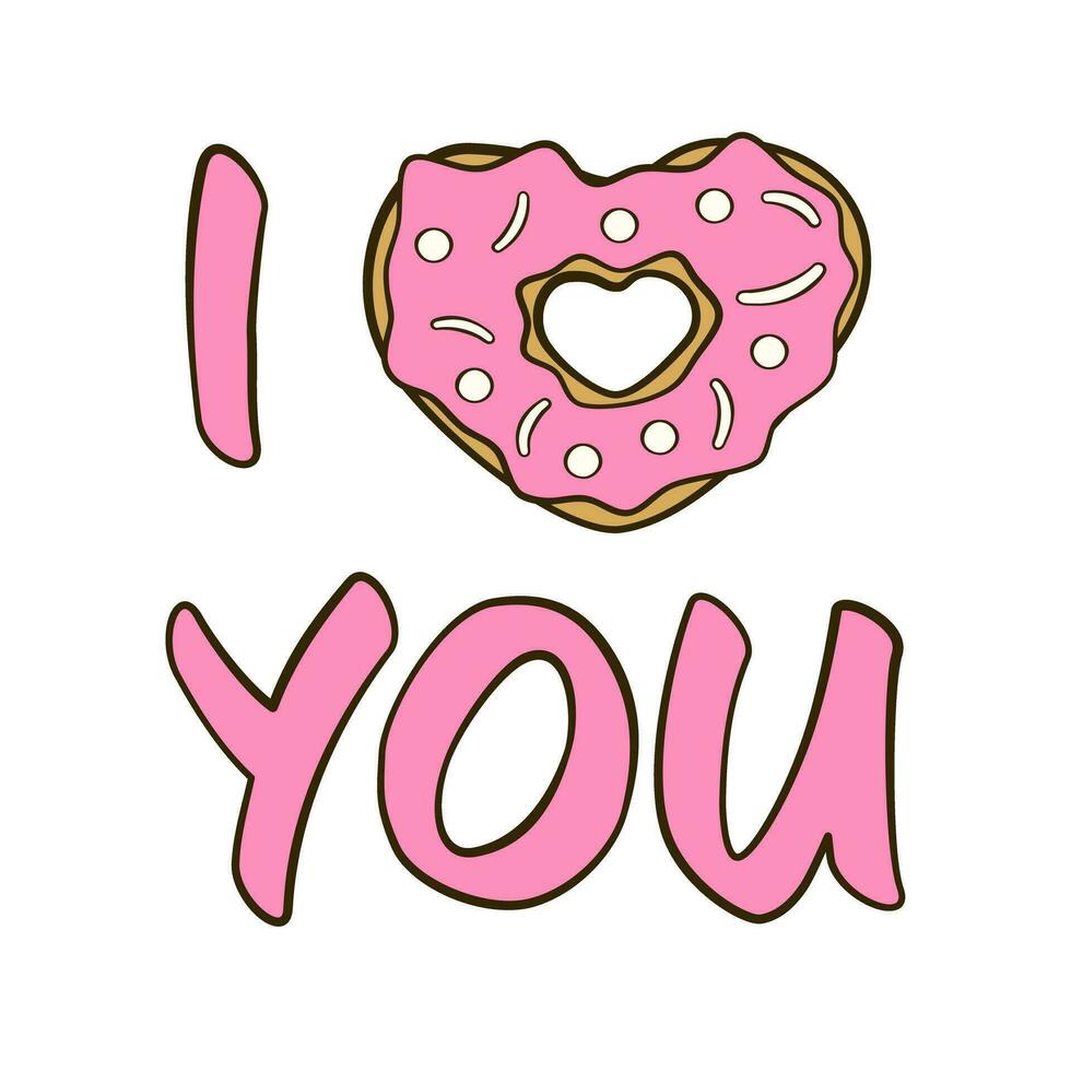 I Love You lettering with heart-shaped donut. Flat icon vector