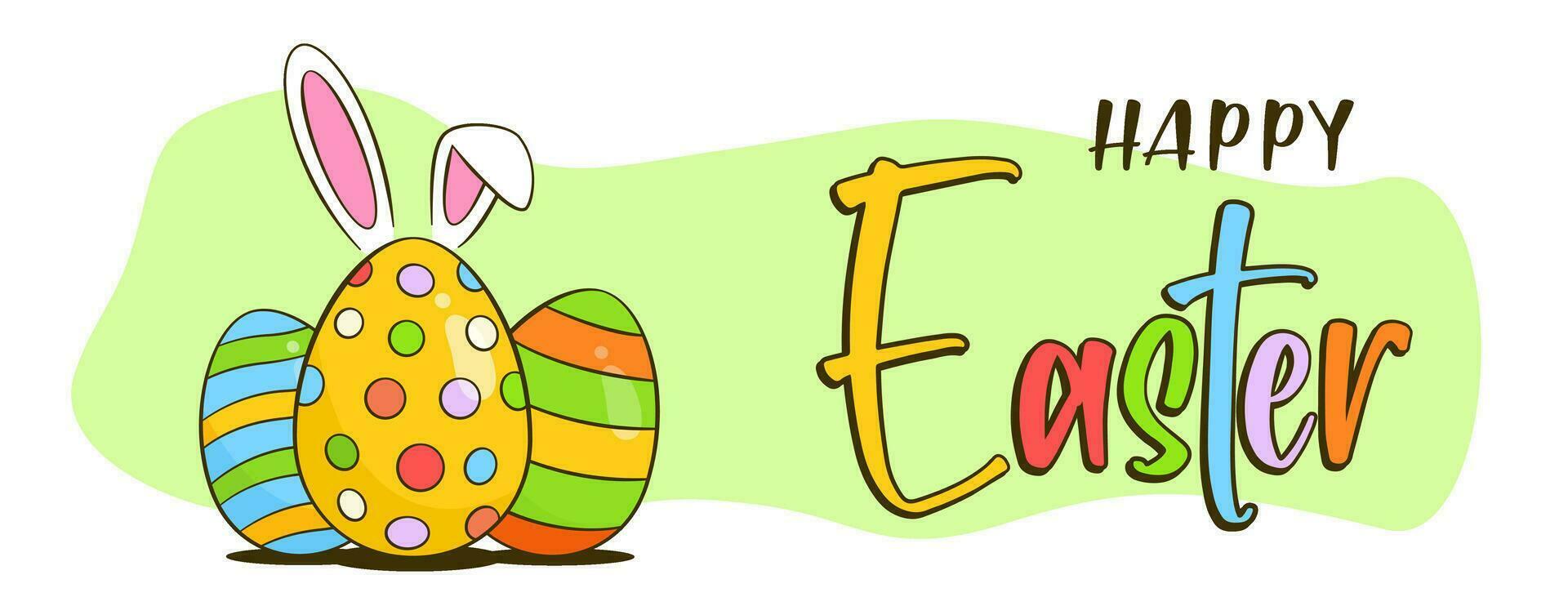 Happy Easter colorful lettering. Easter greeting banner concept. Colorful Easter eggs with bunny ears vector