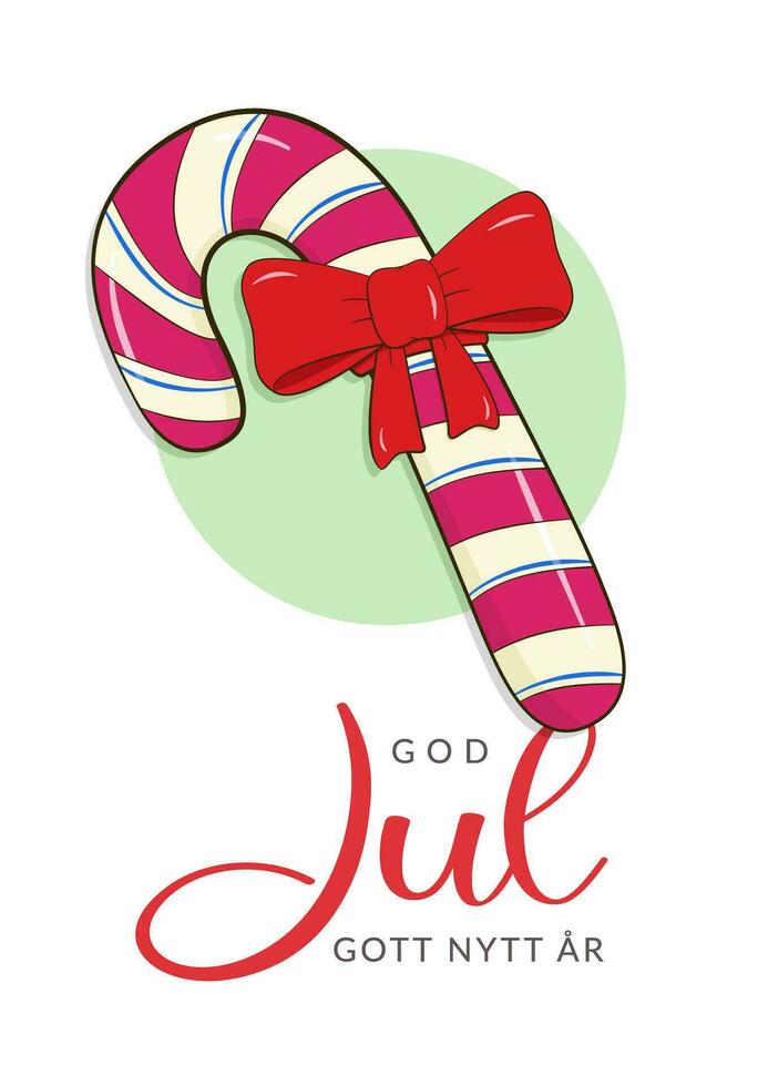 Christmas poster with Merry Christmas and Happy New Year lettering in Swedish. Candy cane with bow vector