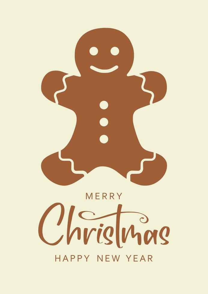 Christmas card with gingerbread man. Merry Christmas and Happy New Year lettering vector