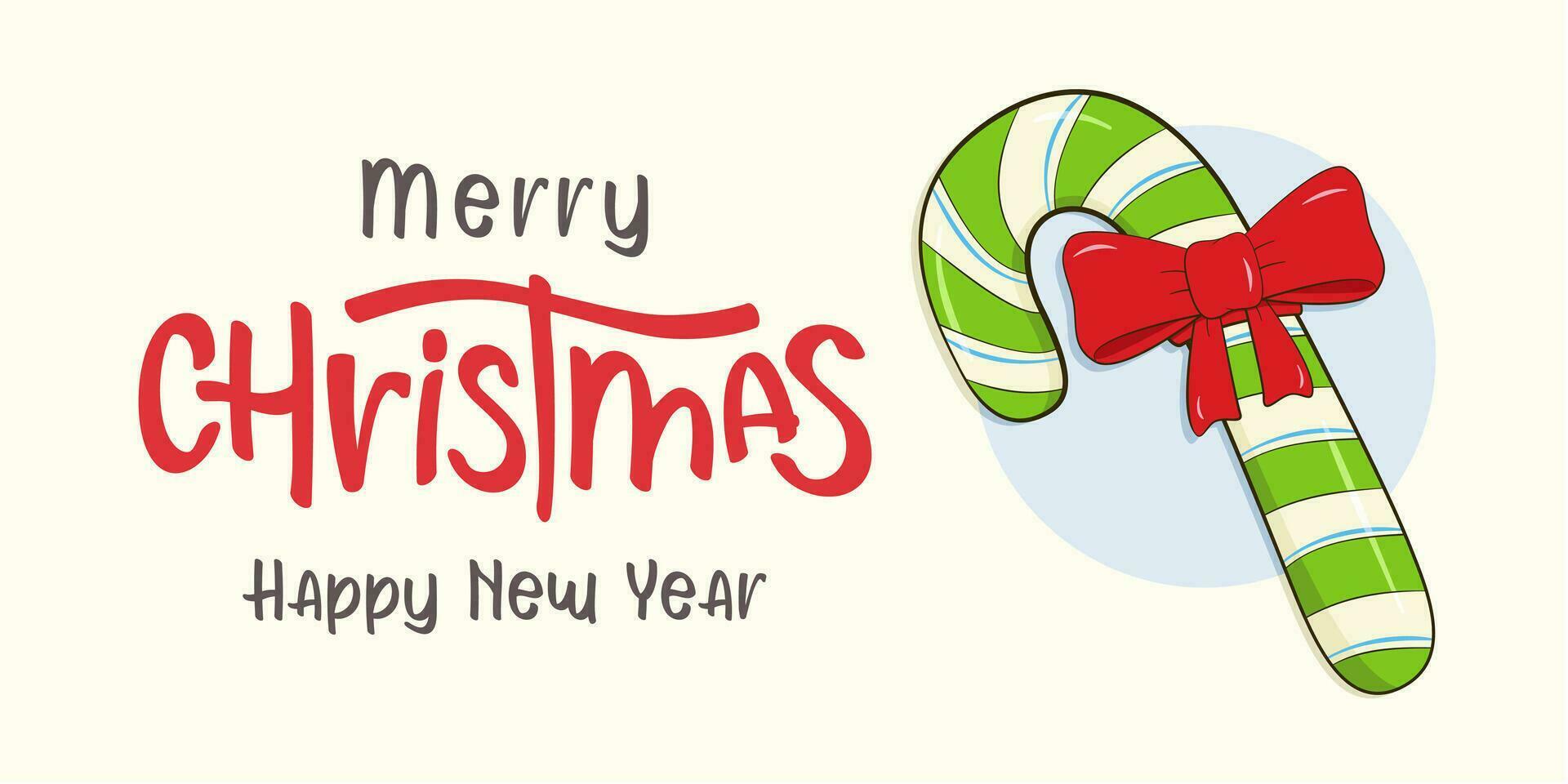 Christmas card with lettering Merry Christmas and Happy New Year. Candy cane with bow vector