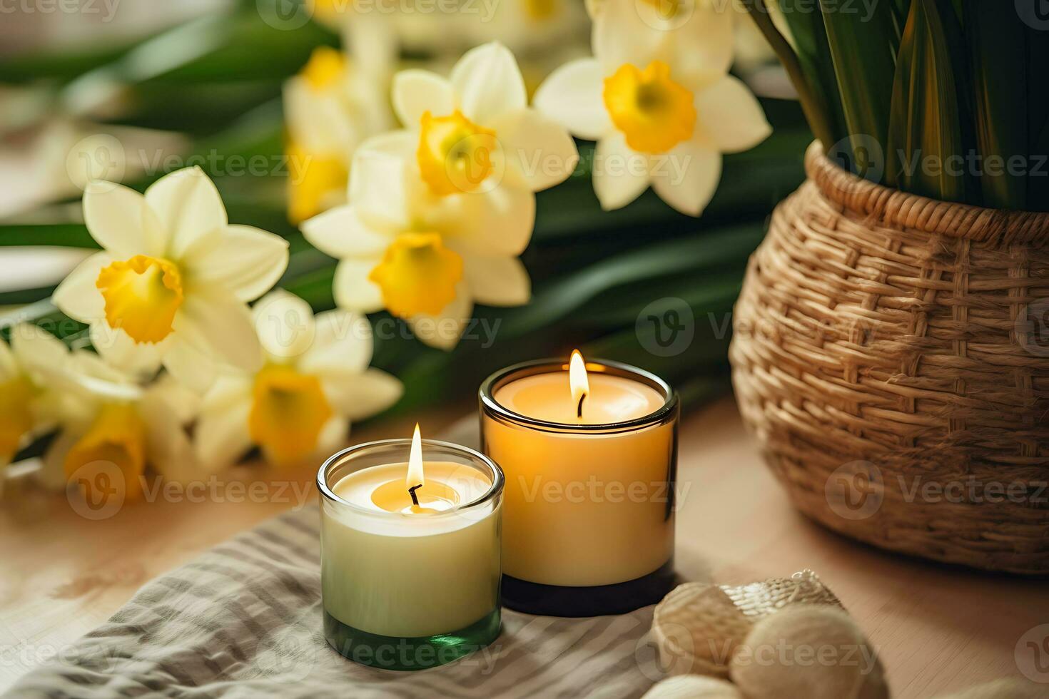 candles with daffodils in a home interior, AI Generative photo