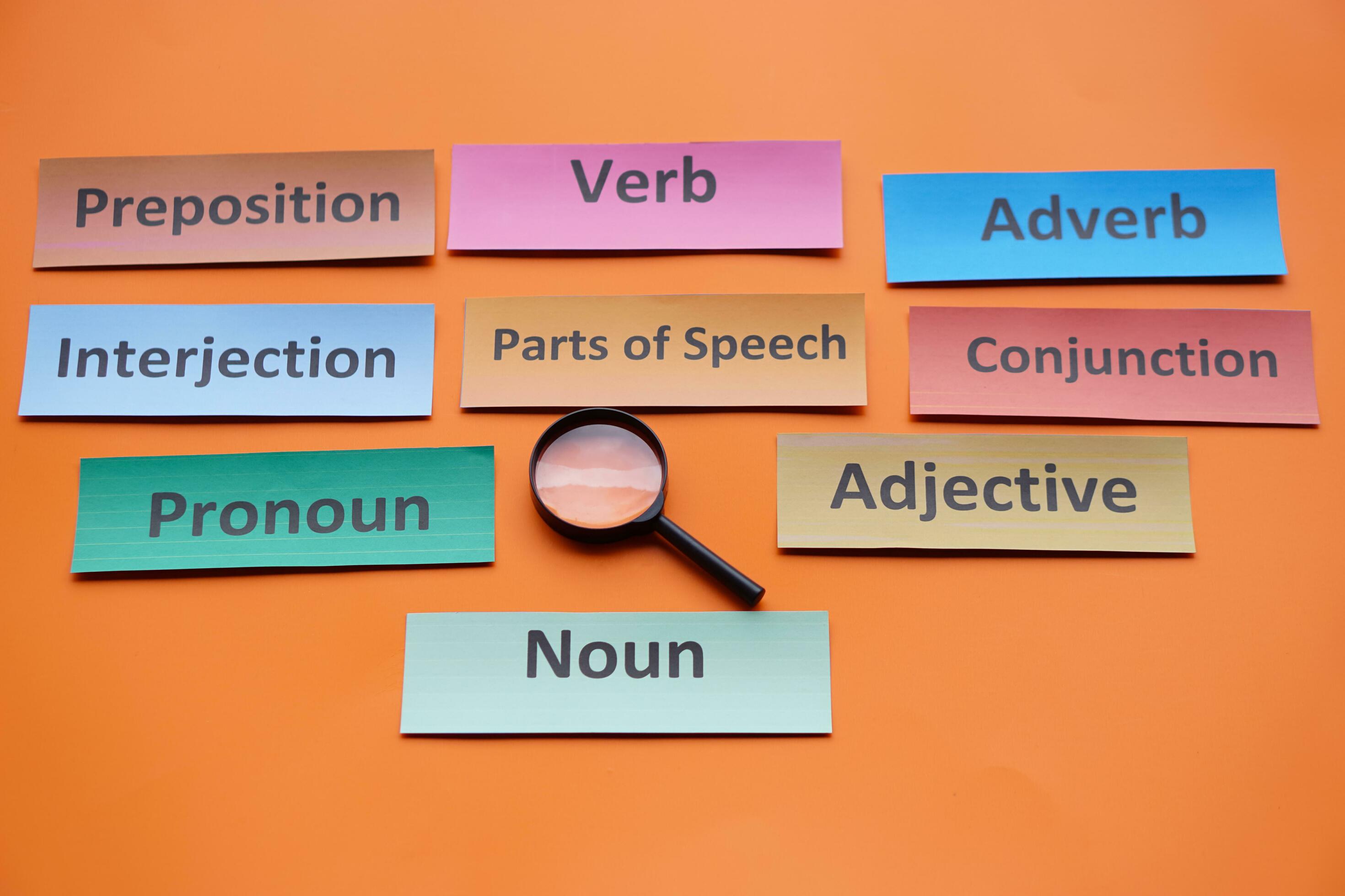 Magnifying glass, colorful word cards about Part of speech Noun Verb