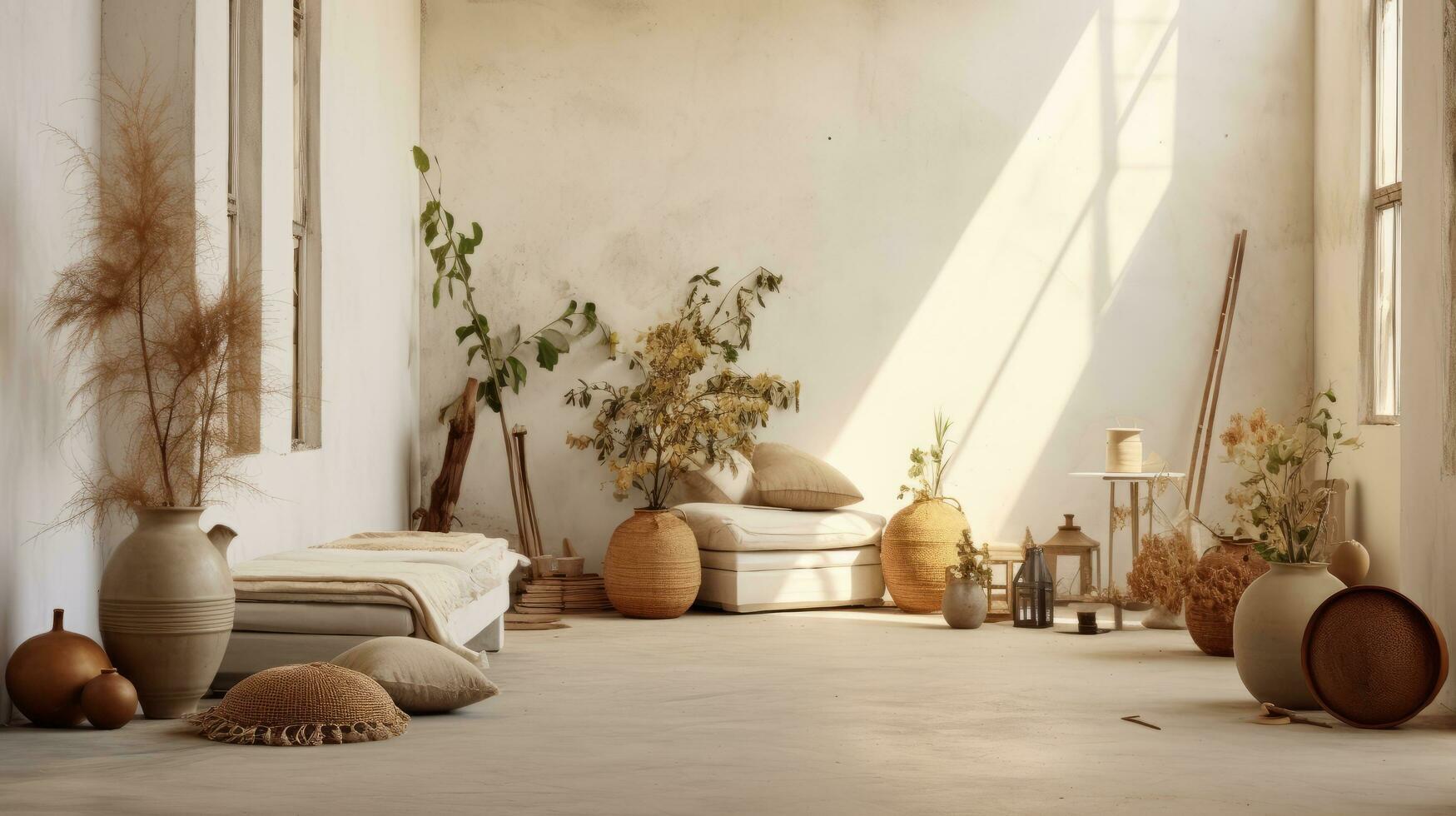 Modern wood and concrete room interior with empty mock up place on wall AI Generative photo