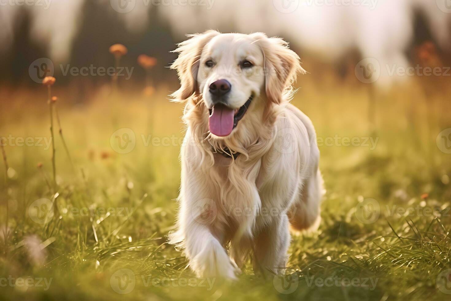 Closeup shot of a happy golden retriever dog in a meadow, AI Generative photo