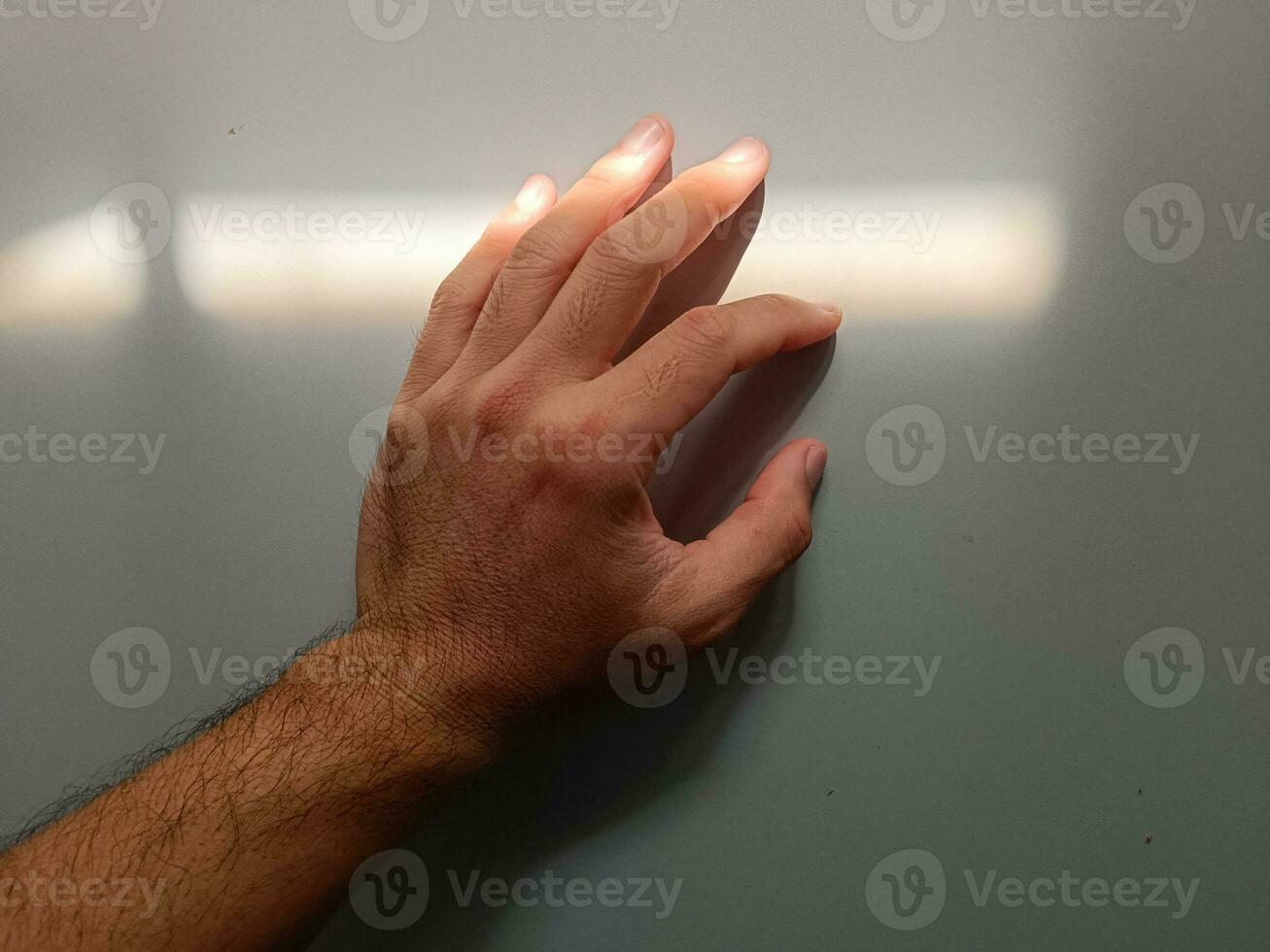 Male arm with long arms on a white background. Sunlight shines through. photo