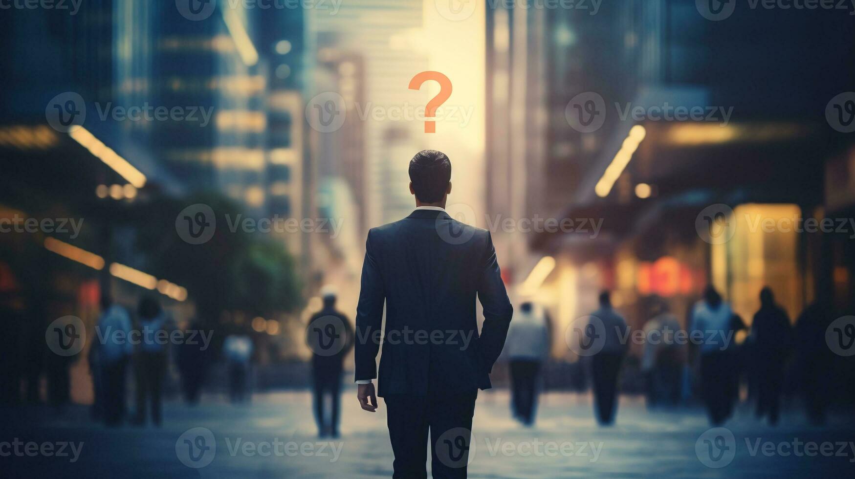 back of businessman walking on urban street with question mark. generative AI photo