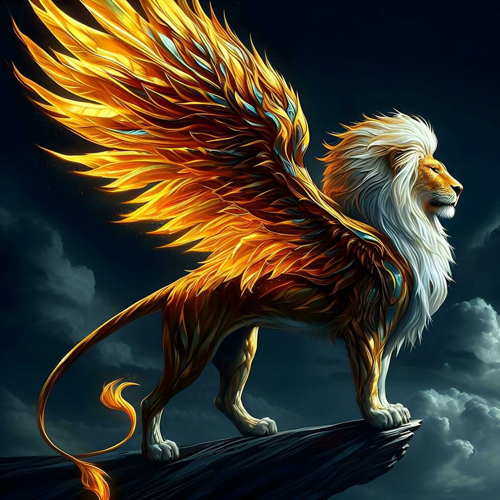 Majestic Inferno Guardian - A Lion Soars with Wings of Fire. AI Generated photo