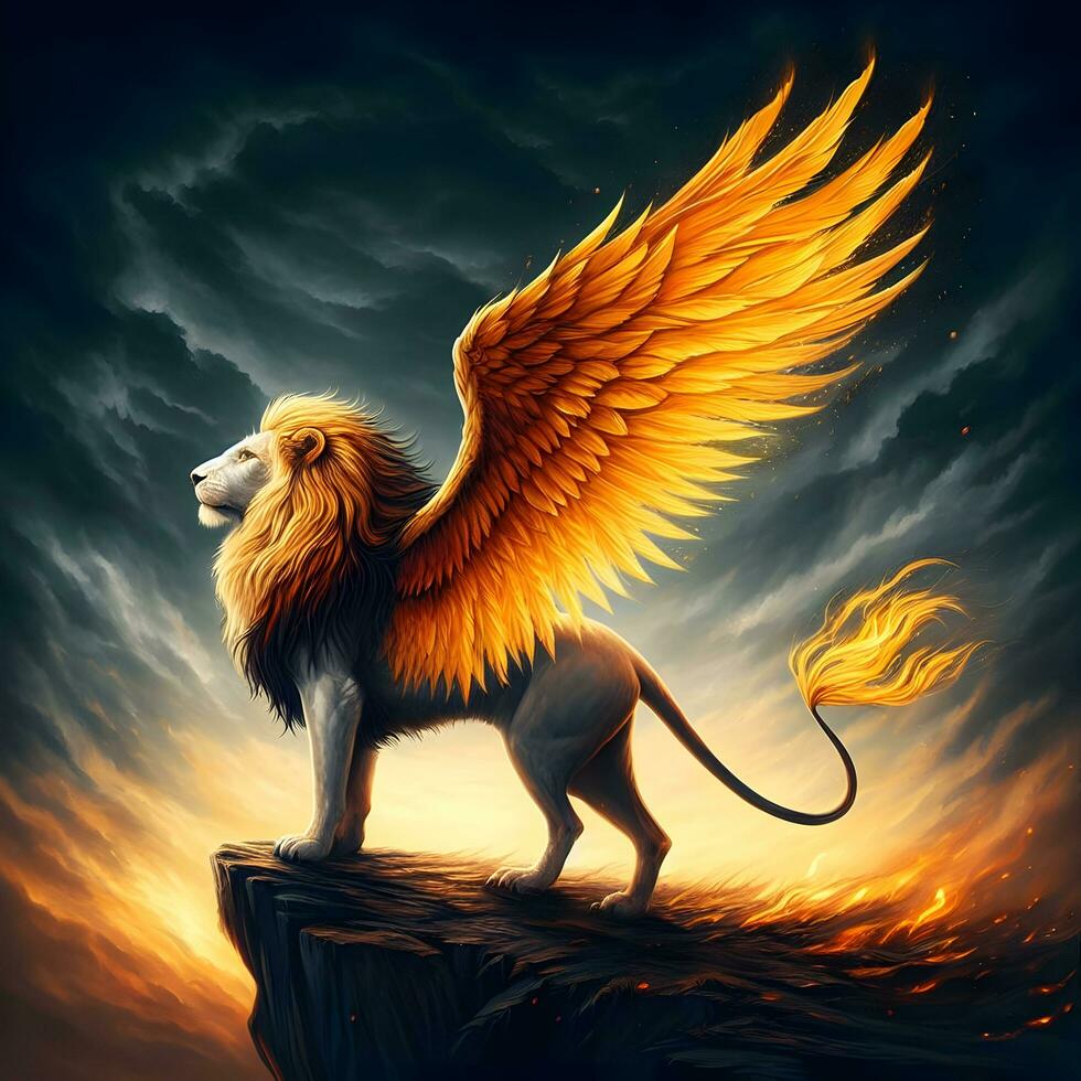 Majestic Inferno Guardian - A Lion Soars with Wings of Fire. AI ...