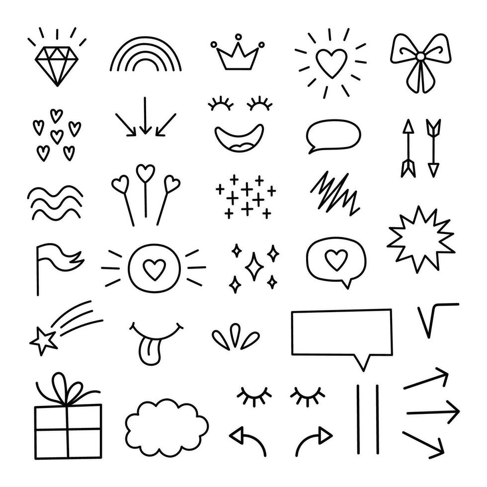 Hand drawn doodle elements set. Dark theme. Cartoon illustrations on black background. Neon elements. vector