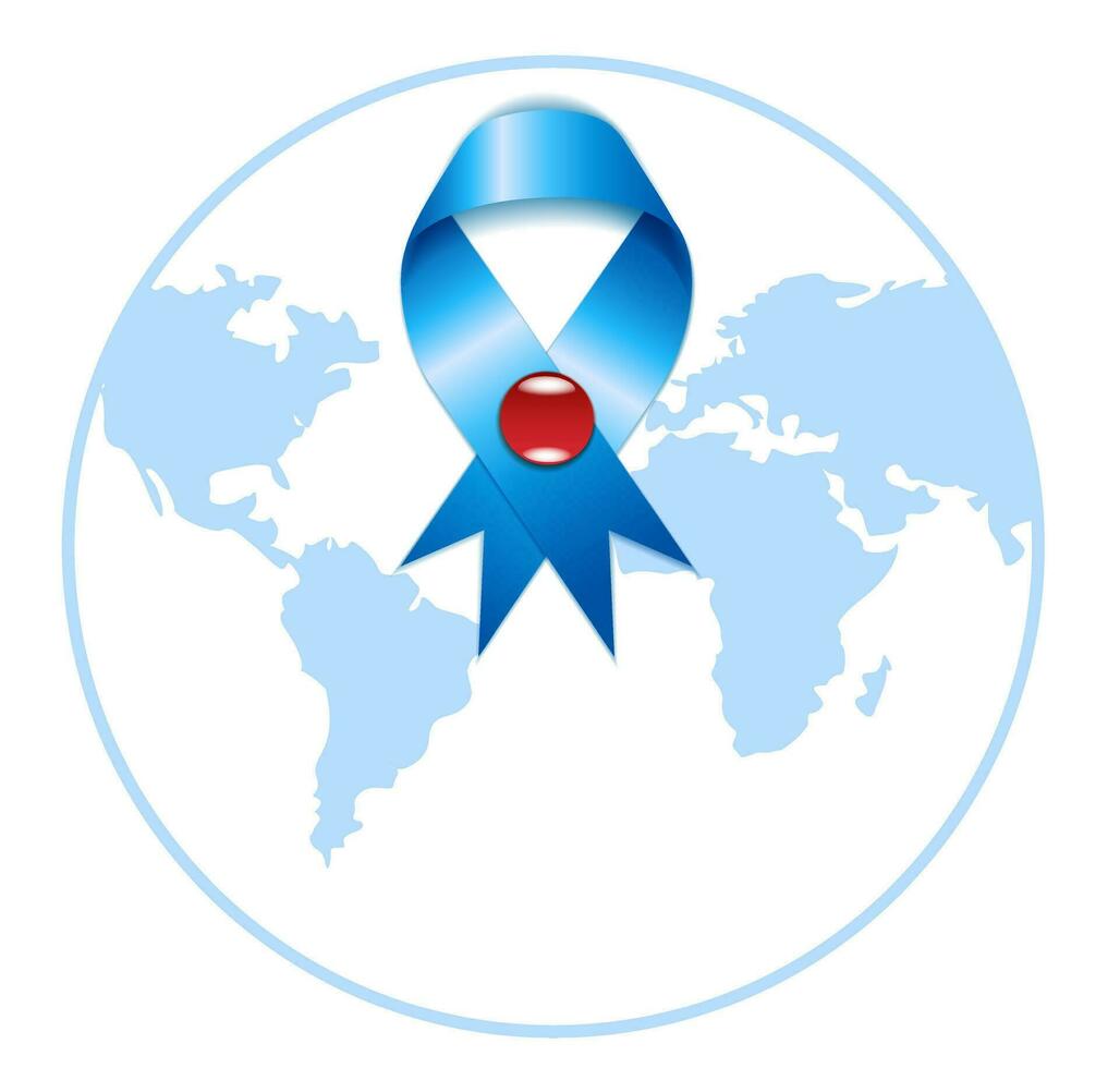 mundo diabetes día conciencia póster con un mundo mapa en antecedentes. bandera diseño con azul cinta y brazo con un dedo con sangre gota. tipografía. vector ilustración.