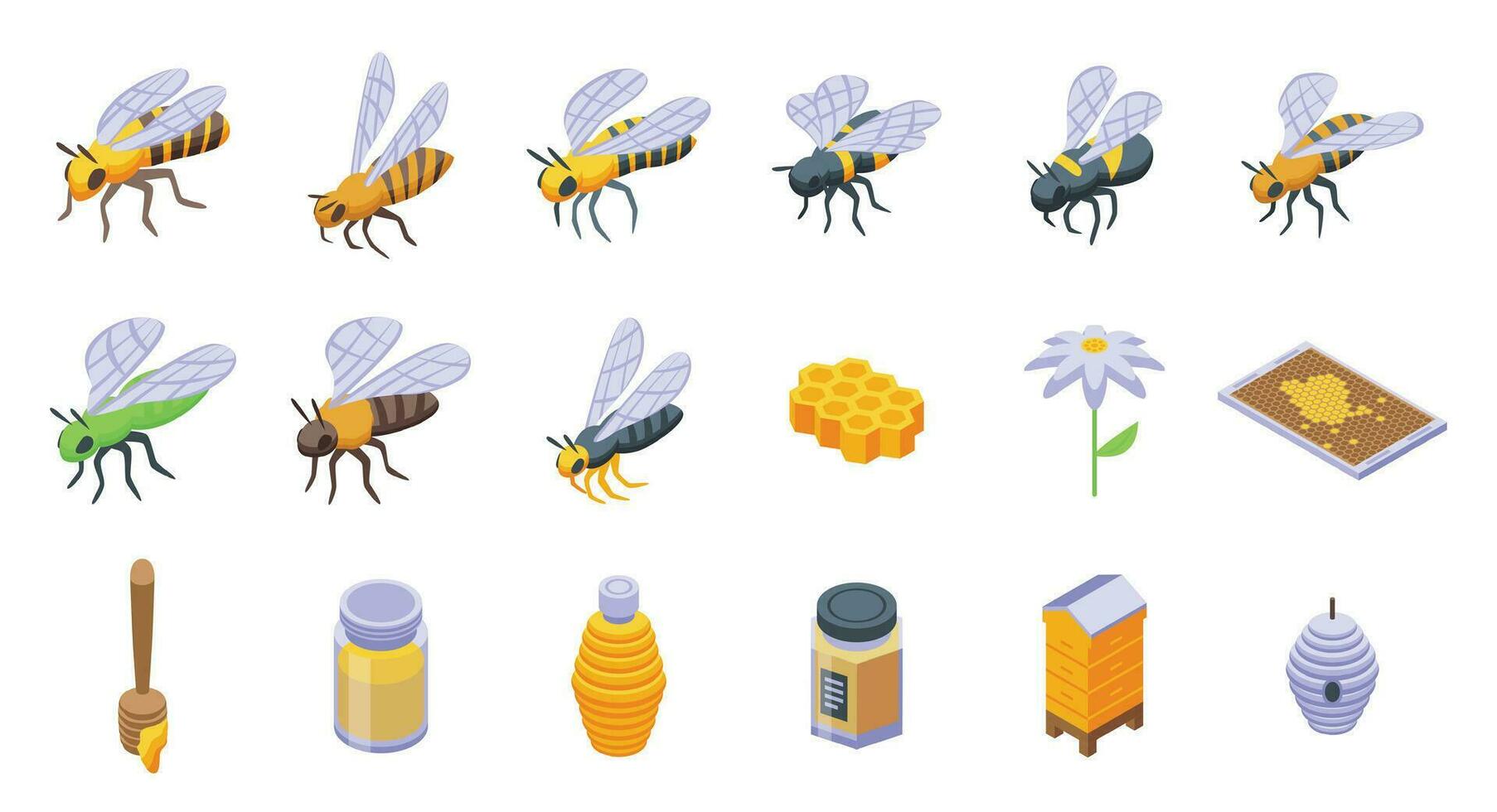 Bee icons set isometric vector. Buzz fly vector
