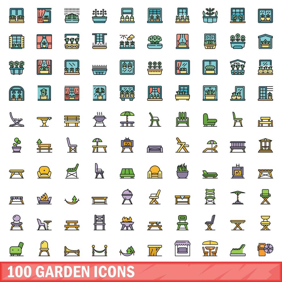 100 garden icons set, color line style vector