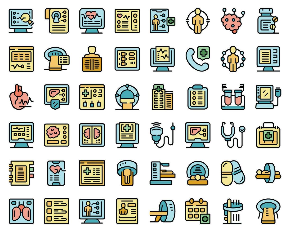 computadora diagnósticos de salud íconos conjunto vector color línea