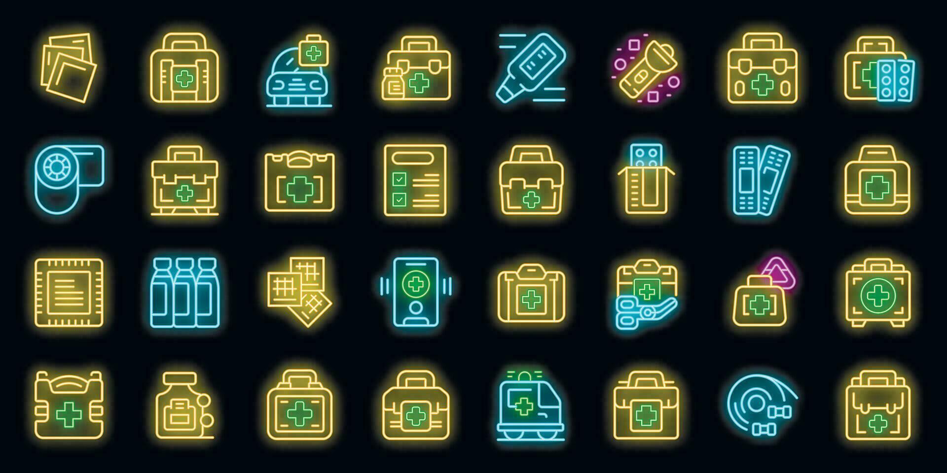 Car first aid kit icons set vector neon