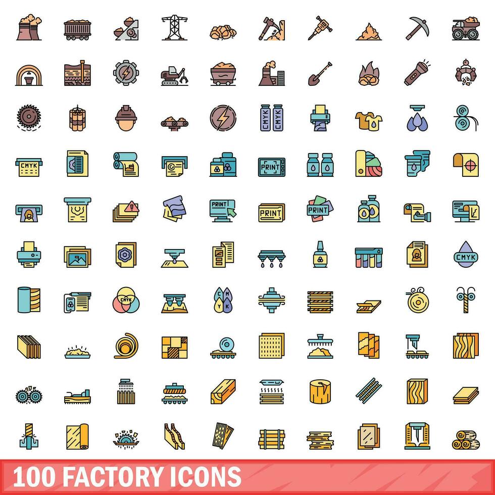 100 factory icons set, color line style vector