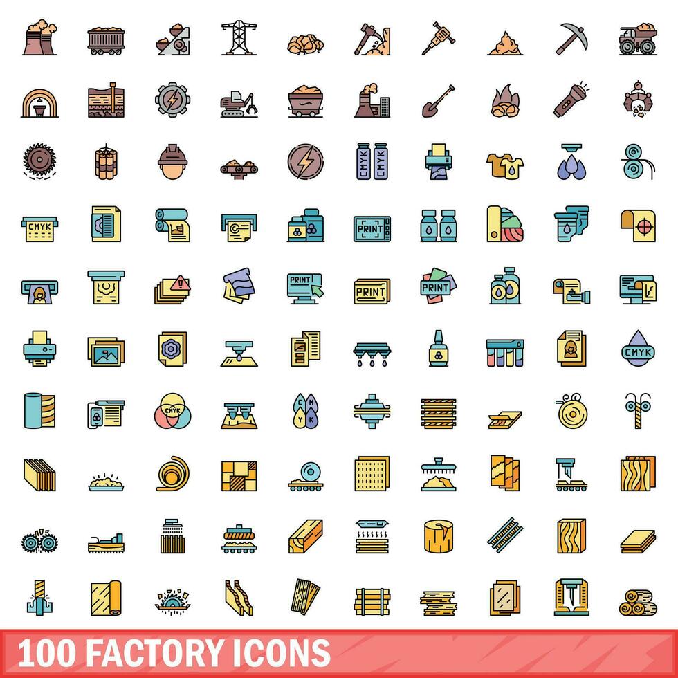 100 factory icons set, color line style vector