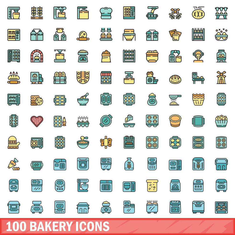 100 panadería íconos colocar, color línea estilo vector