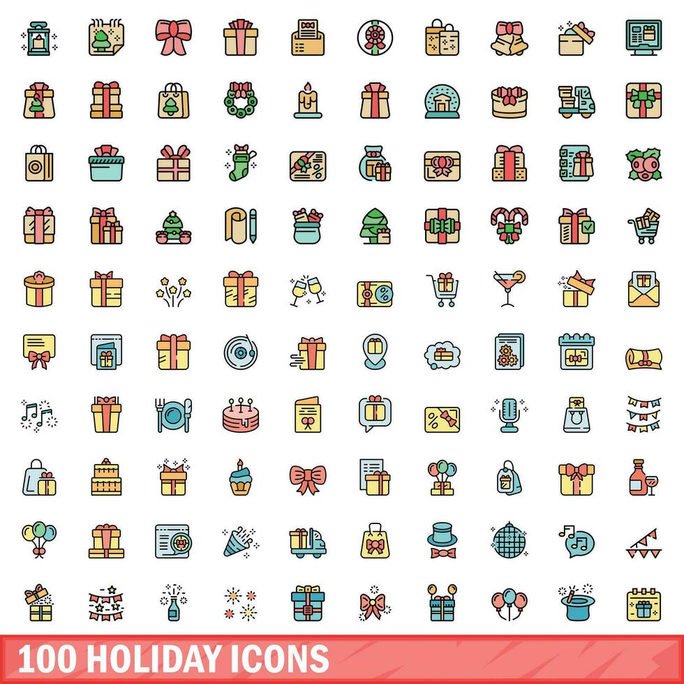 100 holiday icons set, color line style vector