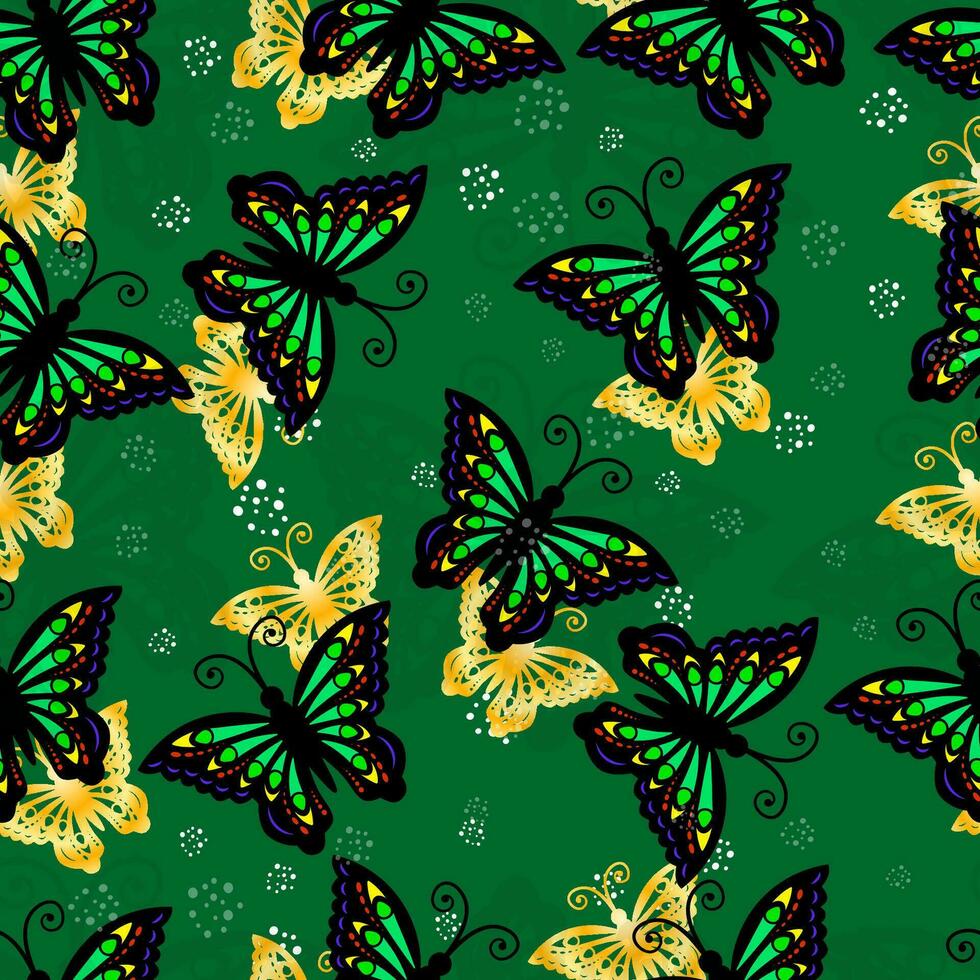 seamless pattern of butterflies on a green background vector