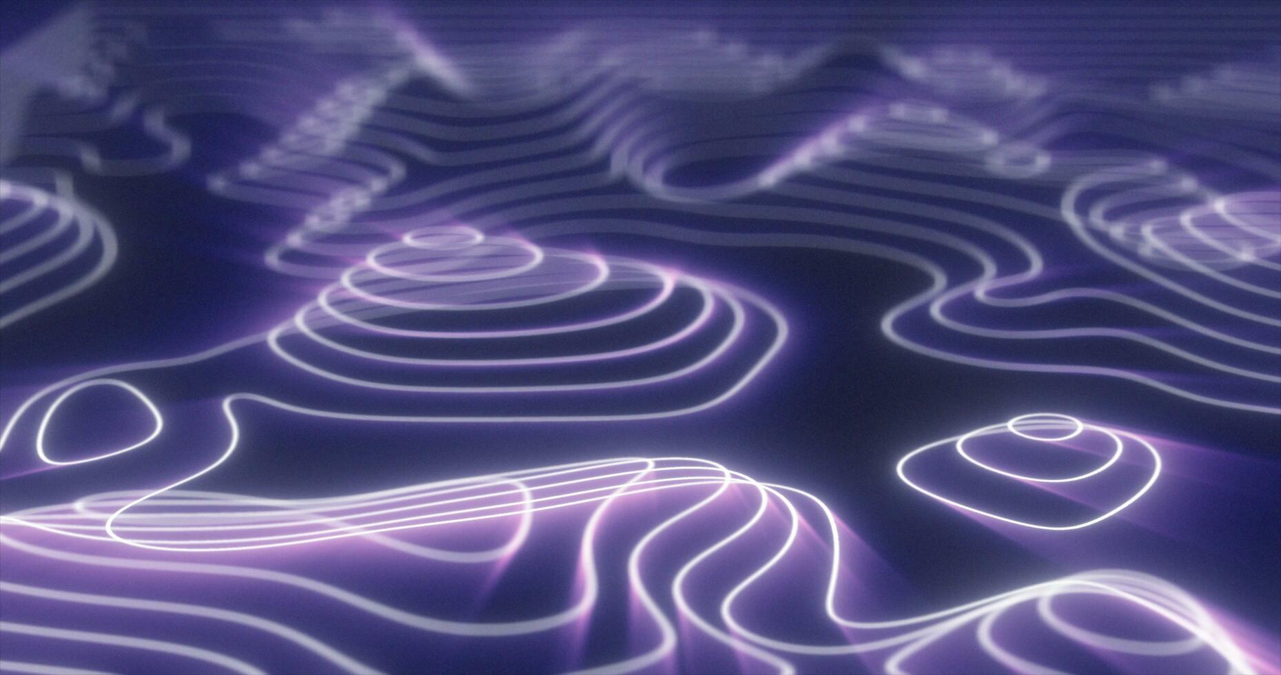 Abstract purple futuristic hi-tech landscape with mountains and canyons from glowing energy circles and magic lines background photo