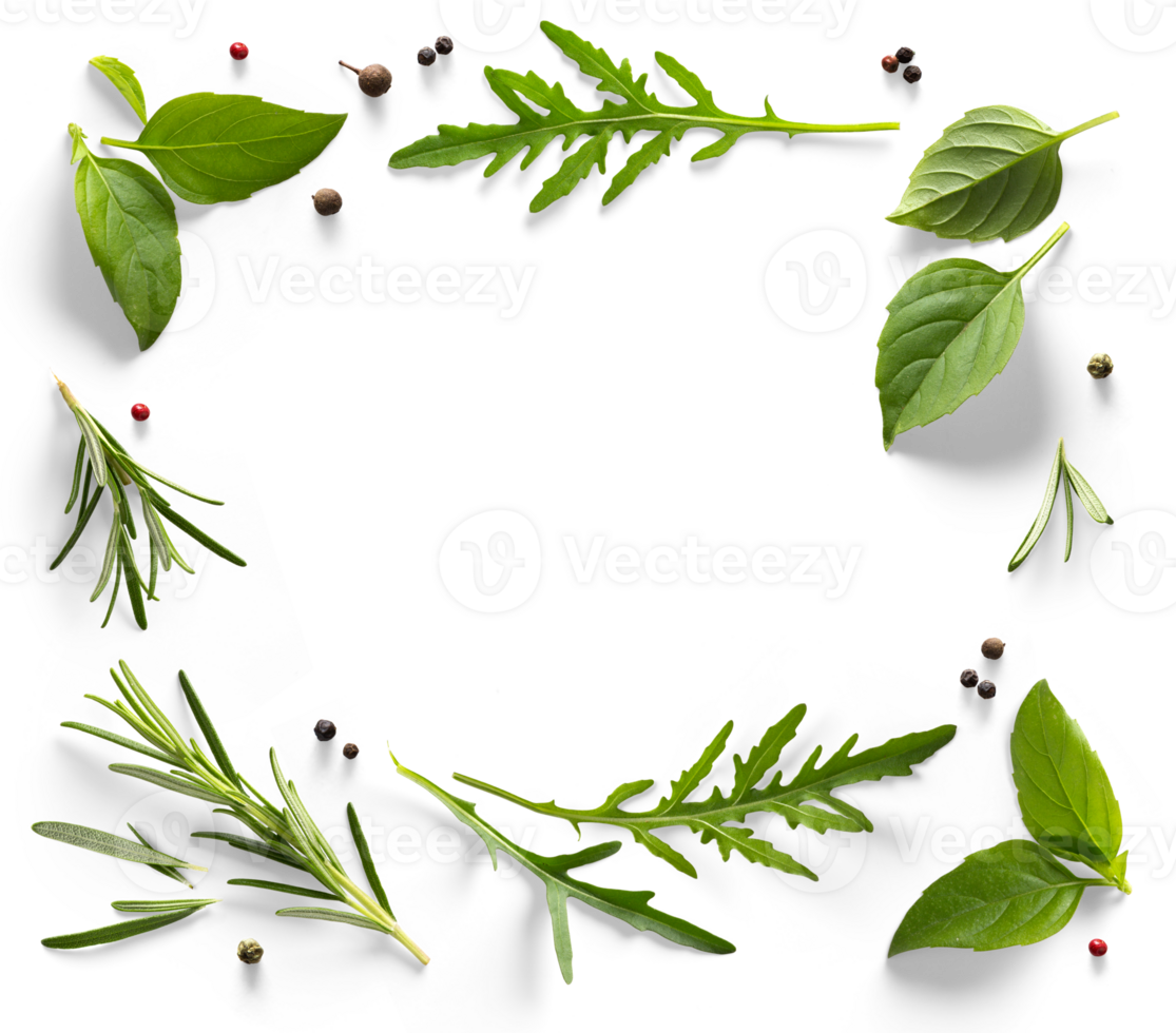 Spices and herbs with transparent shadow on transparent background. Variety of spices and mediterranean herbs. PNG Food background