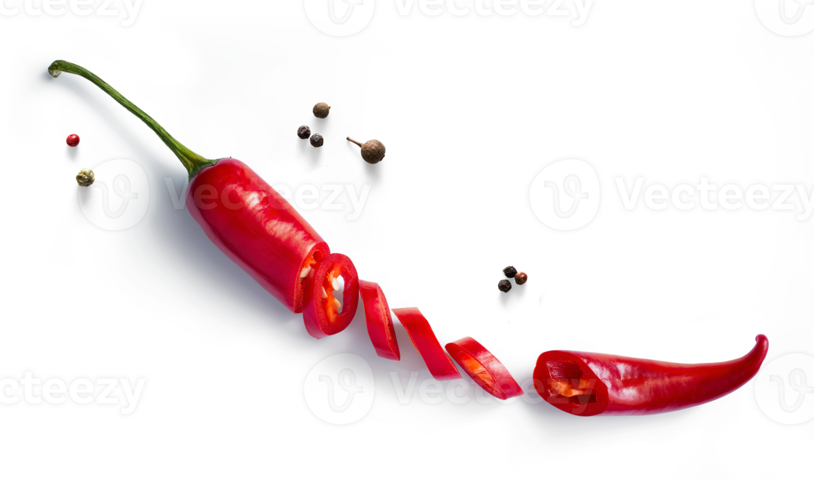 Fresh red chilli pepper and black pepper isolated on Transparent background. Transparent background and natural transparent shadow. Ingredient, spice for cooking. collection for design png